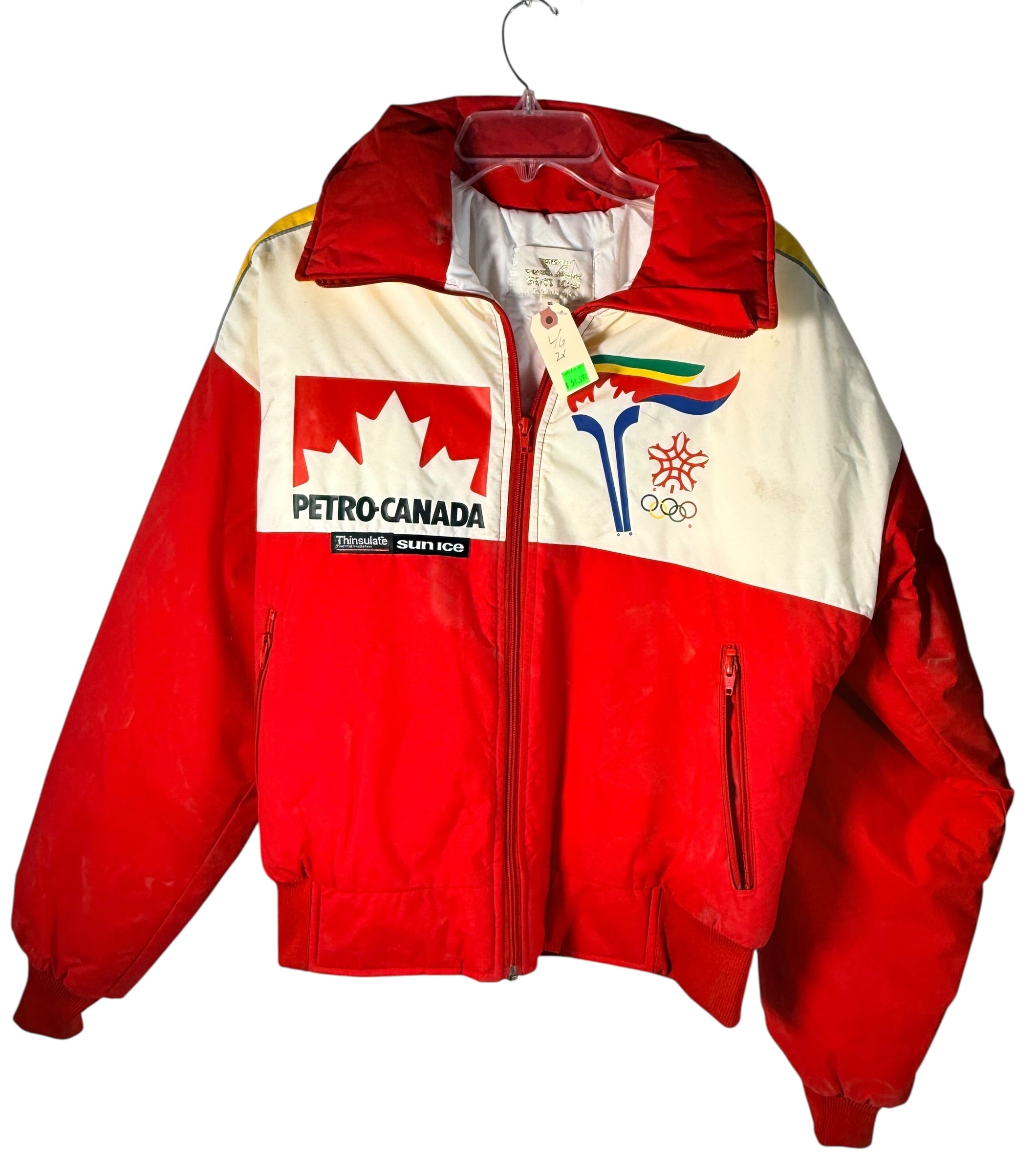 1988 Calgary Olympic Sun Ice Canada ski suit with Petro-Canada sponsor logos. Jacket + pants ML. Collectible retro ski gear, rare Canadian Olympic set.