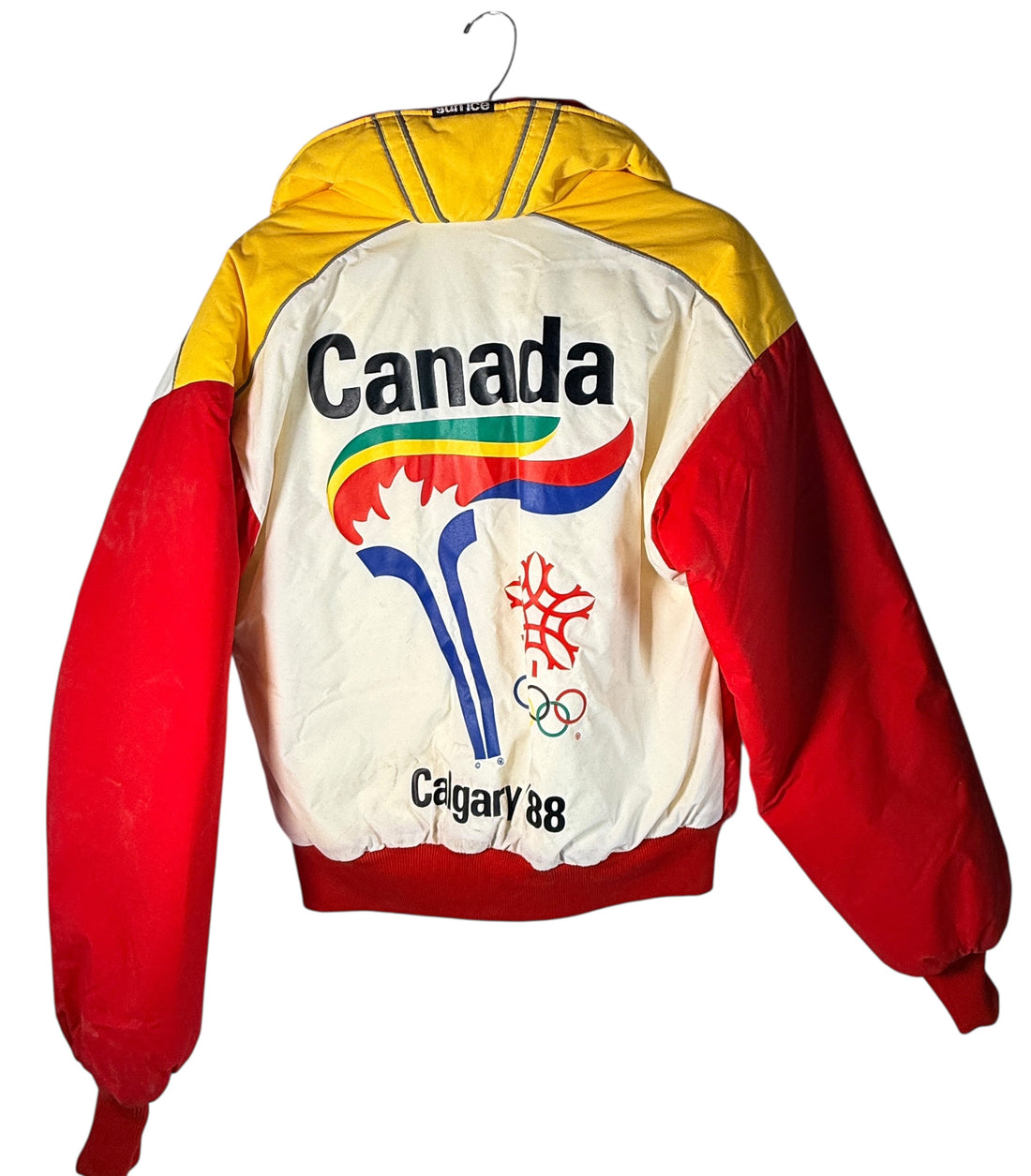 1988 Calgary Olympic Sun Ice Canada ski suit with Petro-Canada sponsor logos. Jacket + pants ML. Collectible retro ski gear, rare Canadian Olympic set.