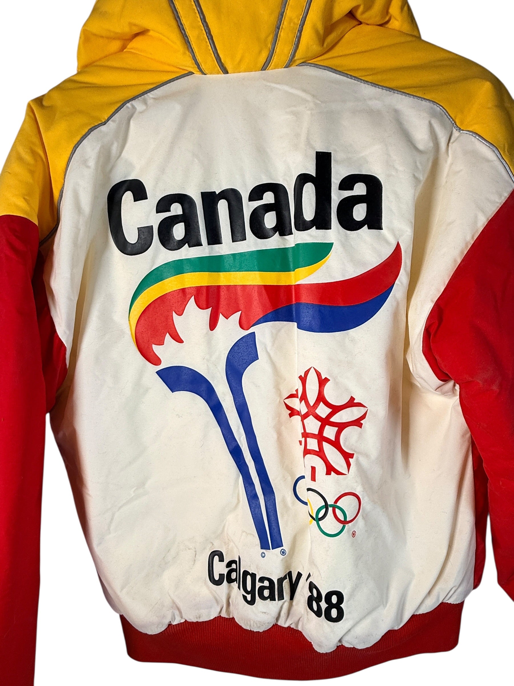 1988 Calgary Olympic Sun Ice Canada ski suit with Petro-Canada sponsor logos. Jacket + pants ML. Collectible retro ski gear, rare Canadian Olympic set.
