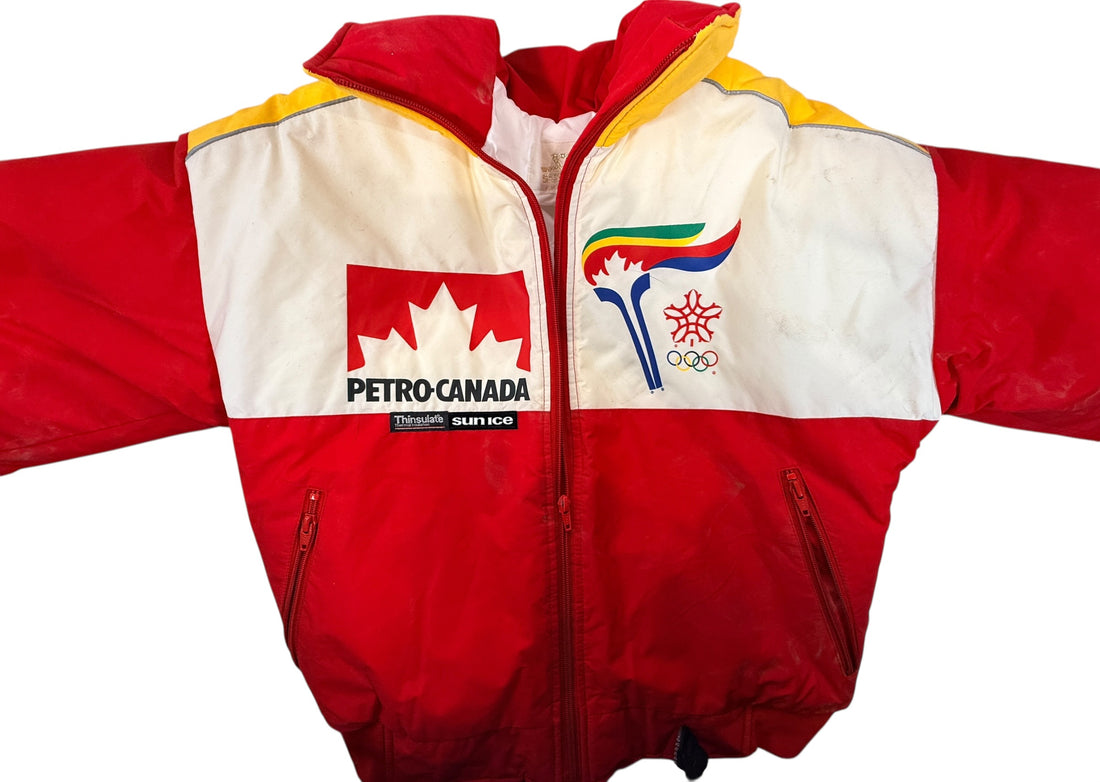 1988 Calgary Olympic Sun Ice Canada ski suit with Petro-Canada sponsor logos. Jacket + pants ML. Collectible retro ski gear, rare Canadian Olympic set.