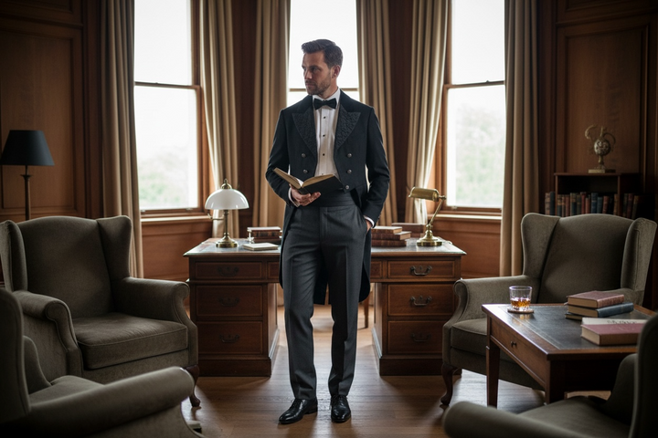 Stratford Festival black wool Victorian tailcoat with quilted lapels and swallowtail cut. Authentic theatrical wardrobe collectible for stage, film, or styling.