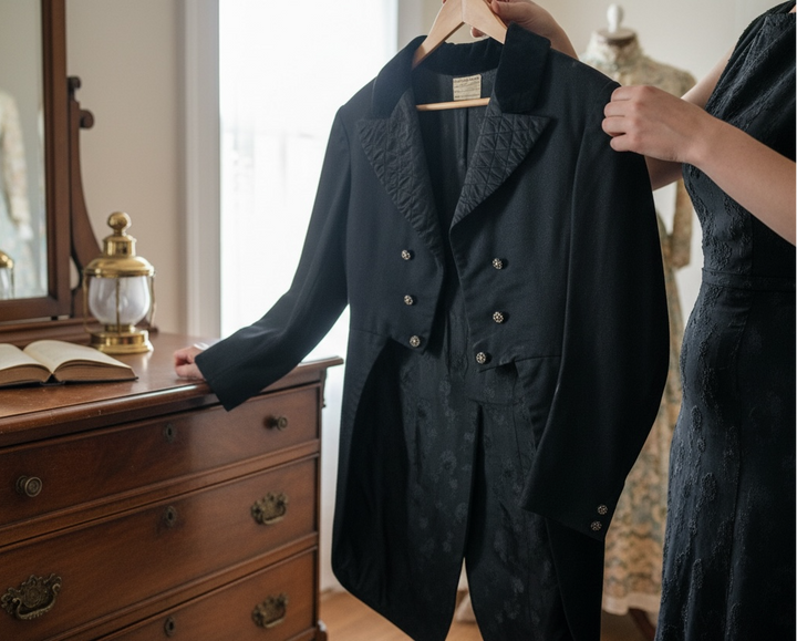 Stratford Festival black wool Victorian tailcoat with quilted lapels and swallowtail cut. Authentic theatrical wardrobe collectible for stage, film, or styling.