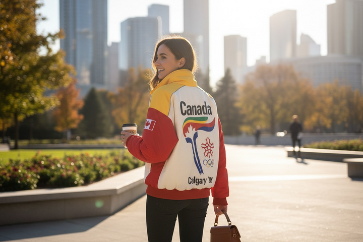1988 Calgary Olympic Sun Ice Canada ski suit with Petro-Canada sponsor logos. Jacket + pants ML. Collectible retro ski gear, rare Canadian Olympic set.