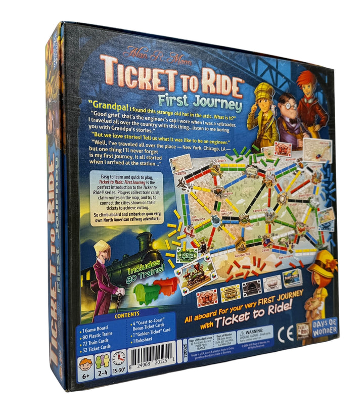 Used Ticket to Ride First Journey board game. Missing some Ticket Cards. Includes trains, board, and rules. Good for family play or parts. Ships from Montreal.