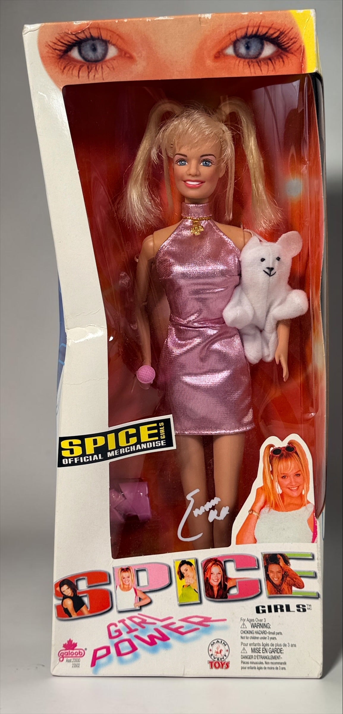 1997 Galoob Spice Girls Emma Bunton Baby Spice Girl Power doll in original box with pink microphone and plush bear. Vintage 1990s collectible.