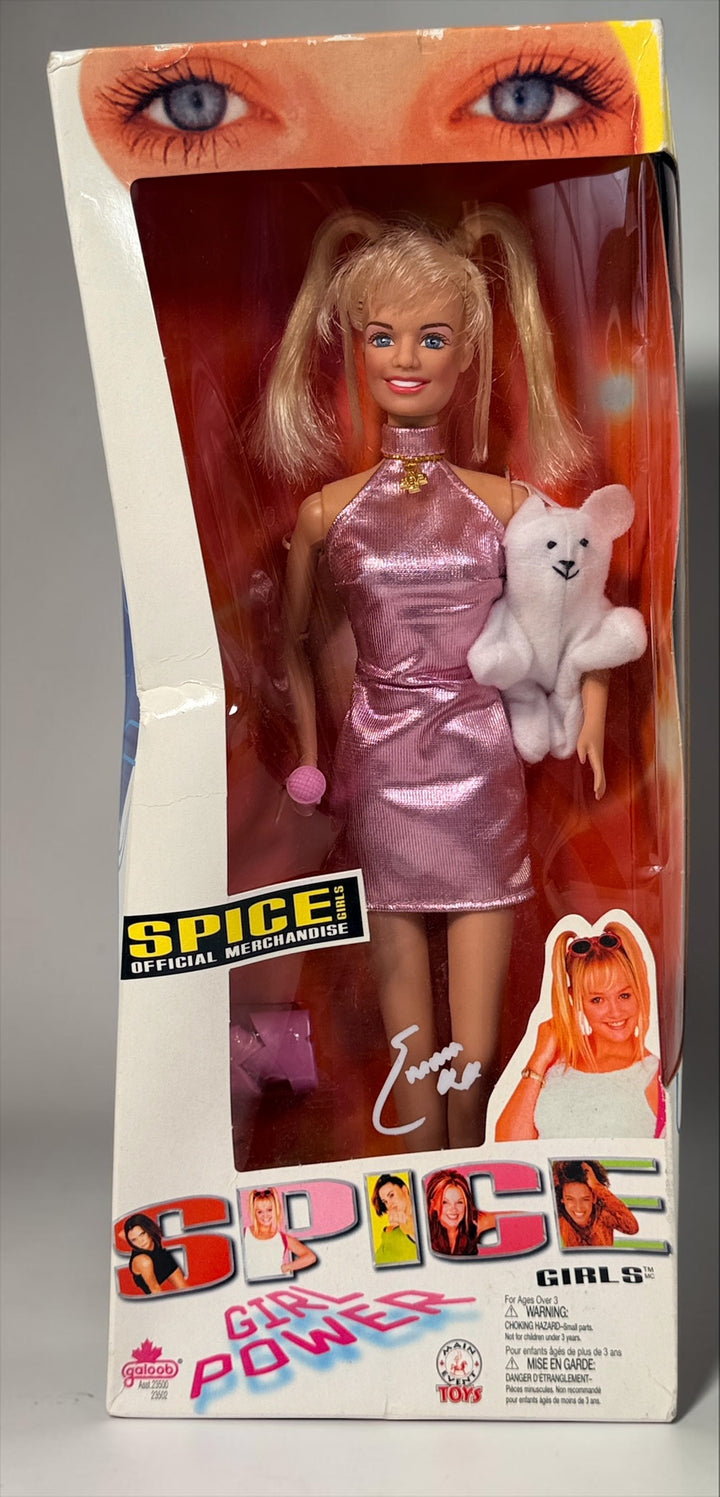 1997 Galoob Spice Girls Emma Bunton Baby Spice Girl Power doll in original box with pink microphone and plush bear. Vintage 1990s collectible.