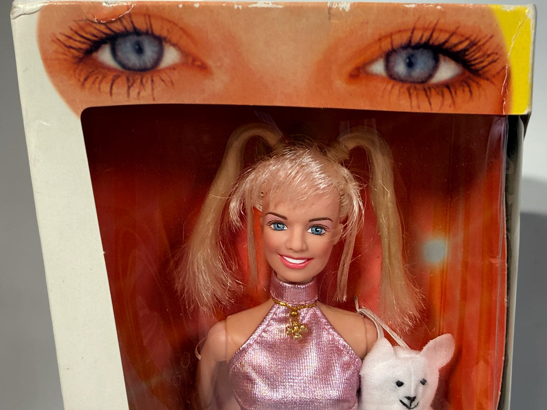 1997 Galoob Spice Girls Emma Bunton Baby Spice Girl Power doll in original box with pink microphone and plush bear. Vintage 1990s collectible.