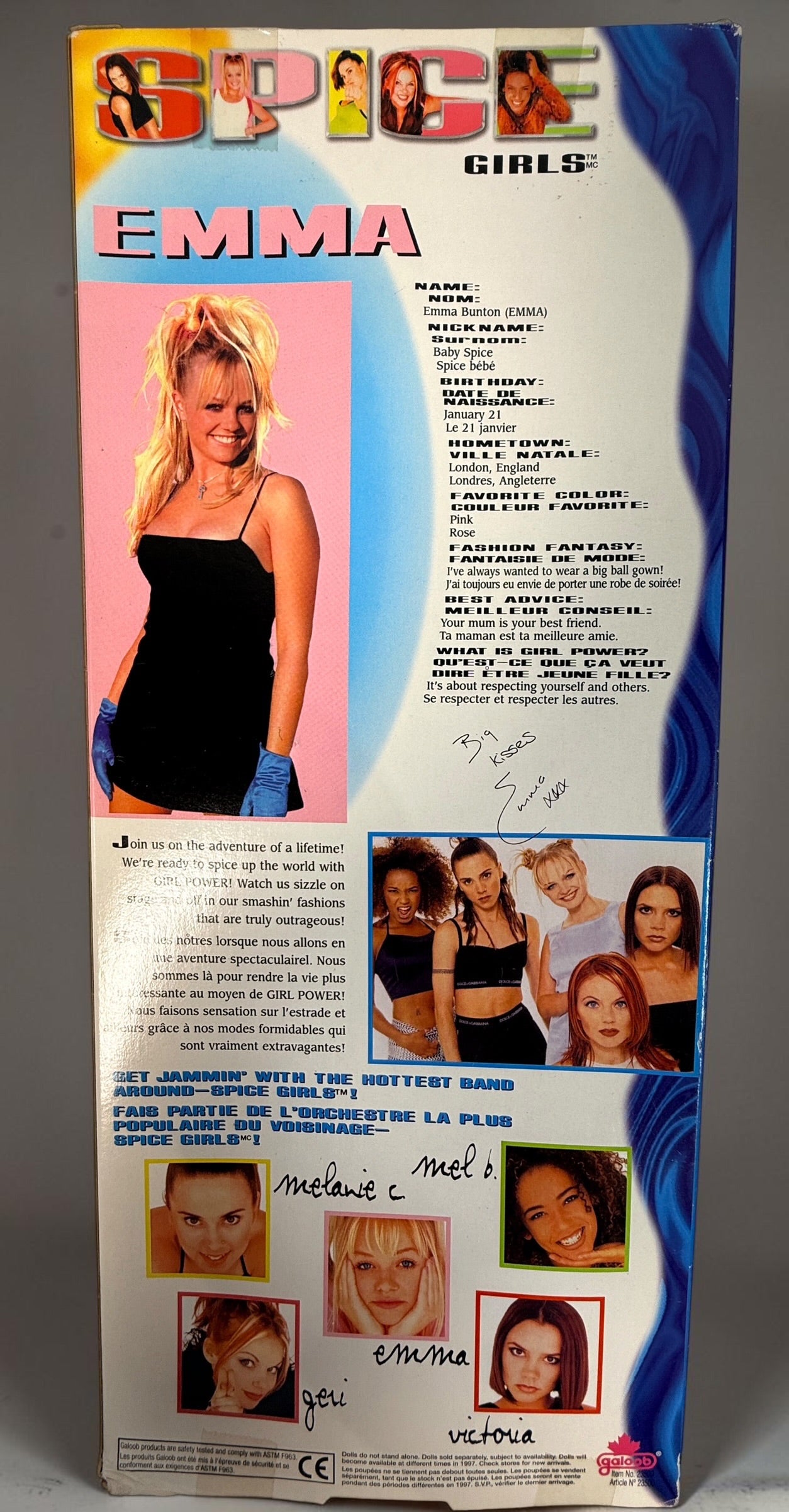 1997 Galoob Spice Girls Emma Bunton Baby Spice Girl Power doll in original box with pink microphone and plush bear. Vintage 1990s collectible.