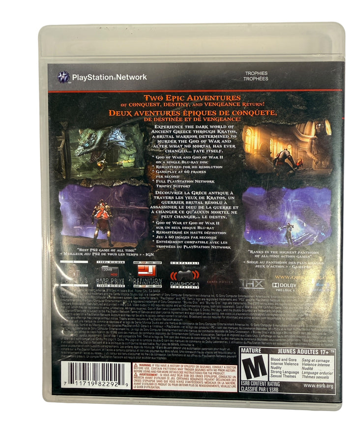God of War Collection for PS3, complete in case with manual. Remastered God of War I and II on Blu-ray. Clean condition, ships fast from Montreal.