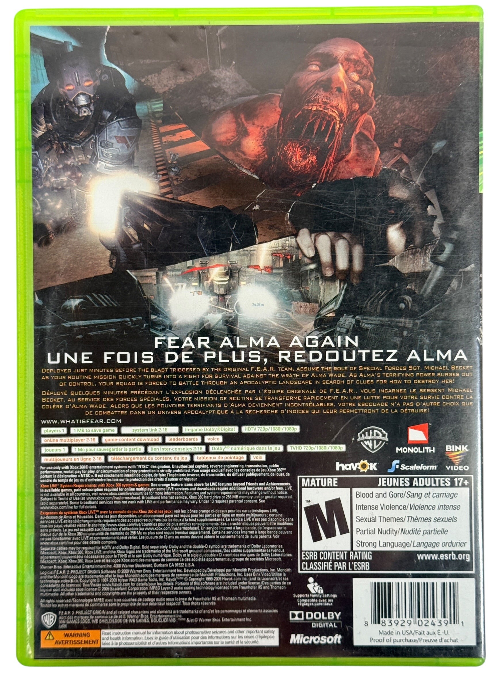 Complete Xbox 360 copy of F.E.A.R. 2 Project Origin. Survival horror FPS with case, manual, and disc. Tested and ready to play.
