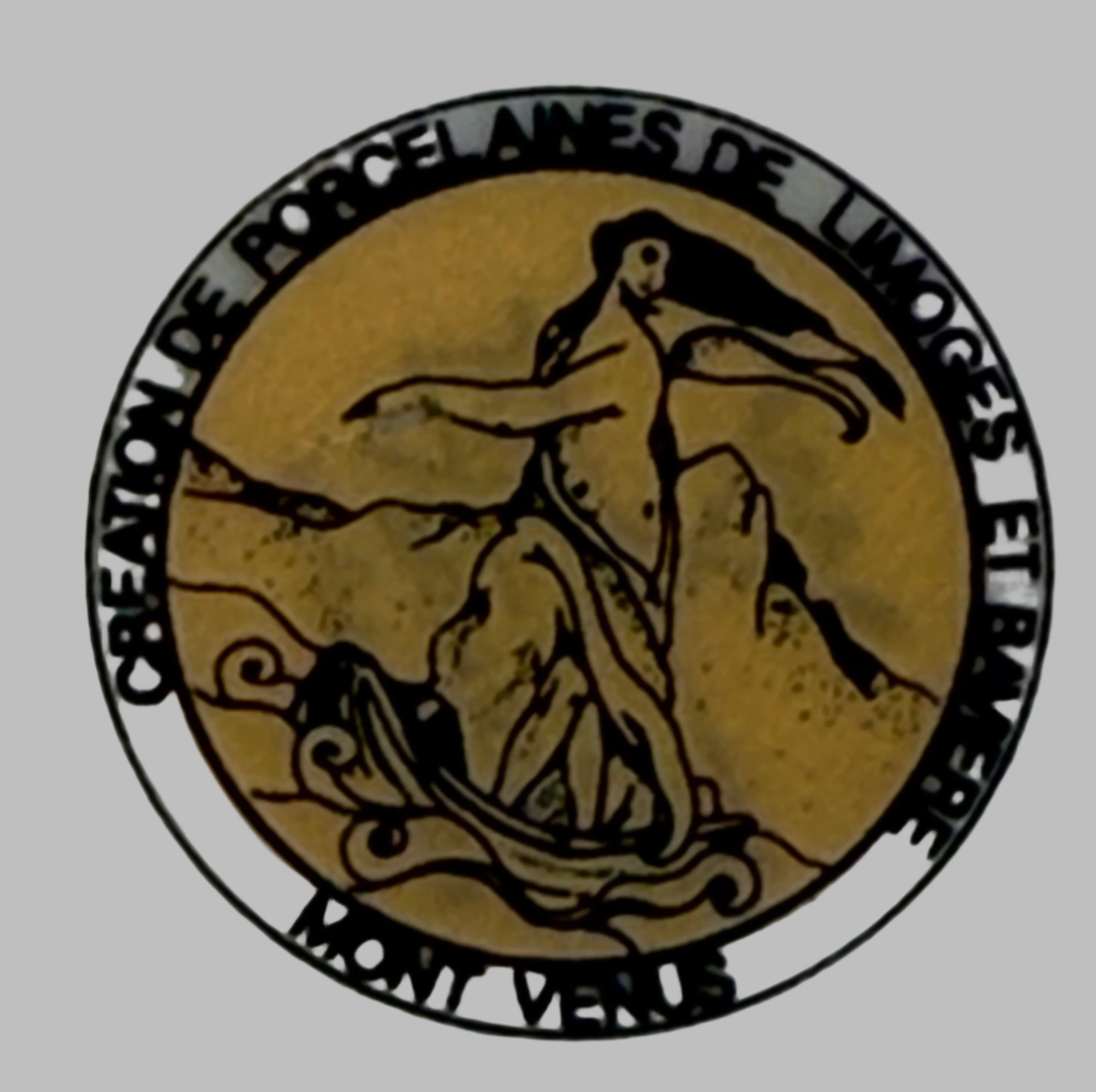 Decorative emblem with a woman and mountain, featuring text around the border on a white background.