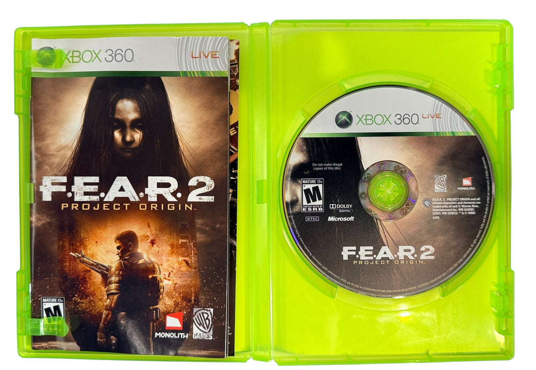Complete Xbox 360 copy of F.E.A.R. 2 Project Origin. Survival horror FPS with case, manual, and disc. Tested and ready to play.