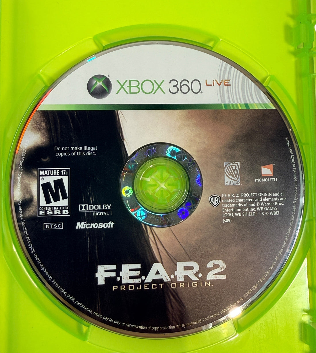 Complete Xbox 360 copy of F.E.A.R. 2 Project Origin. Survival horror FPS with case, manual, and disc. Tested and ready to play.