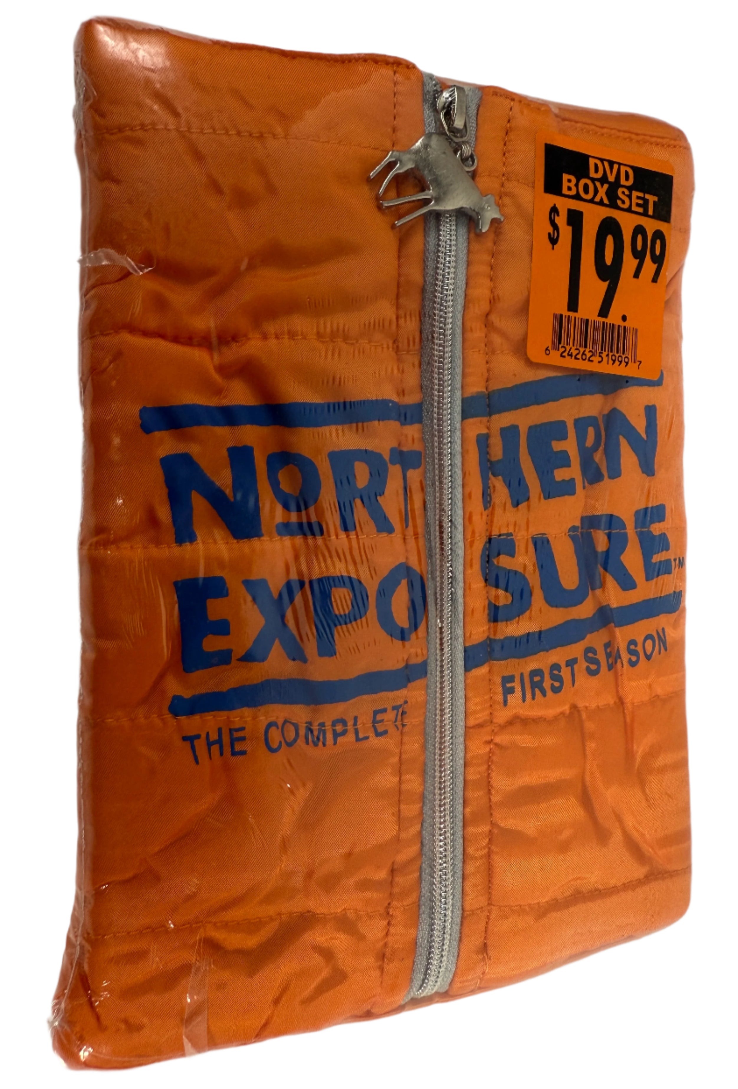 Orange DVD box set with 'Northern Exposure' branding and a price tag on a white background