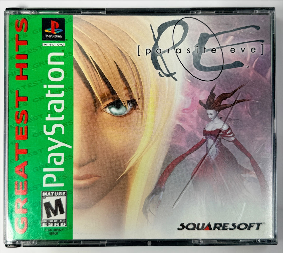 1999 Parasite Eve Greatest Hits for PS1 with both discs, manual and case. Classic Squaresoft survival-horror RPG. NTSC-U/C.