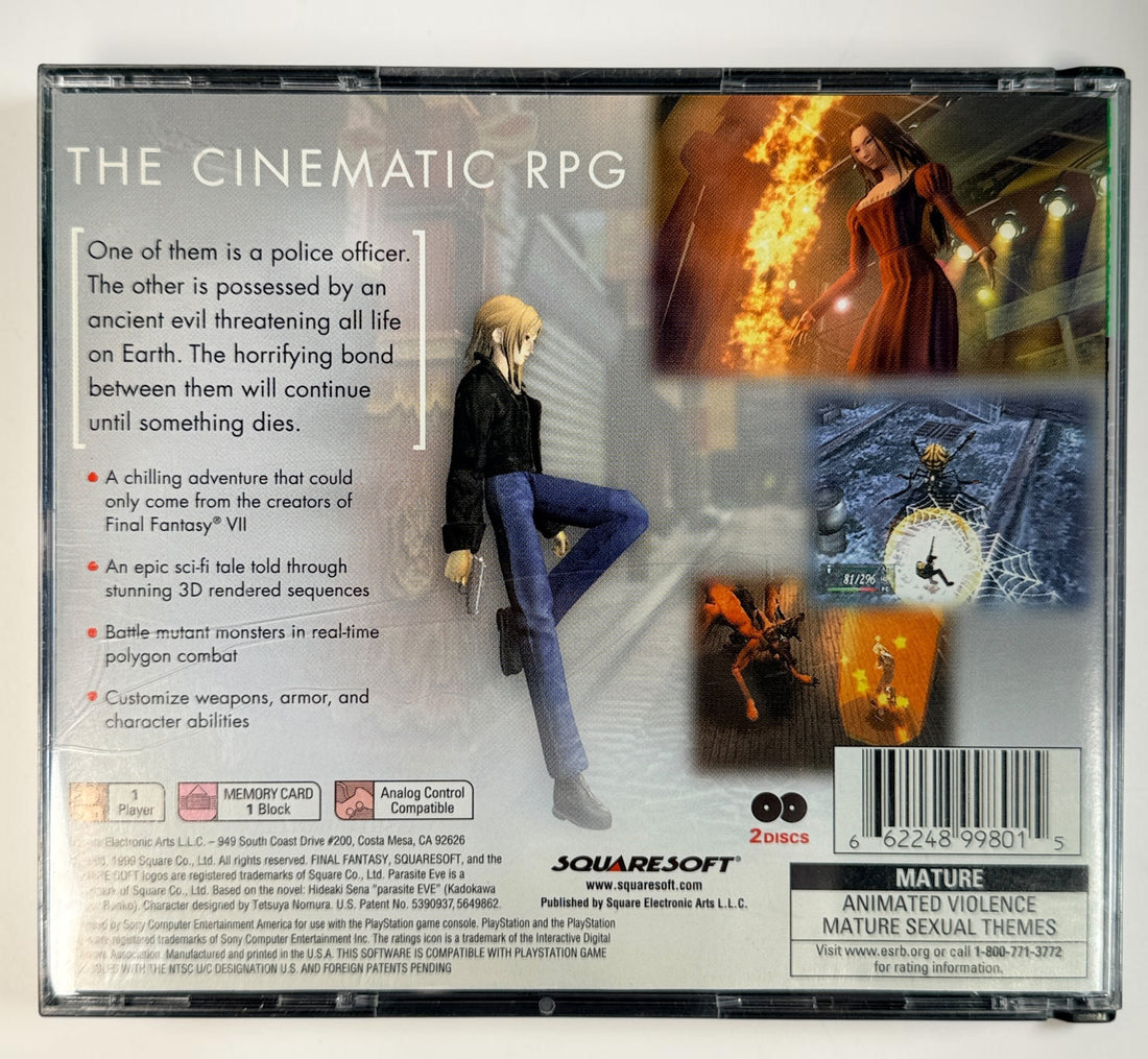 1999 Parasite Eve Greatest Hits for PS1 with both discs, manual and case. Classic Squaresoft survival-horror RPG. NTSC-U/C.