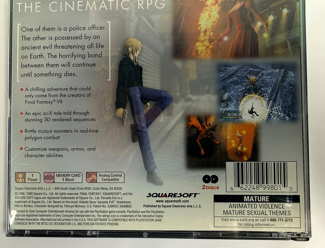 1999 Parasite Eve Greatest Hits for PS1 with both discs, manual and case. Classic Squaresoft survival-horror RPG. NTSC-U/C.