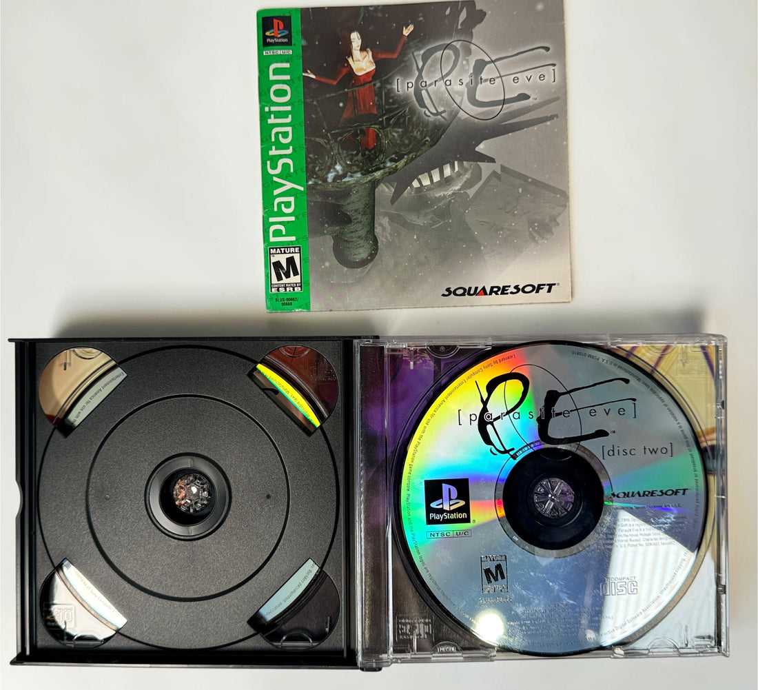 1999 Parasite Eve Greatest Hits for PS1 with both discs, manual and case. Classic Squaresoft survival-horror RPG. NTSC-U/C.