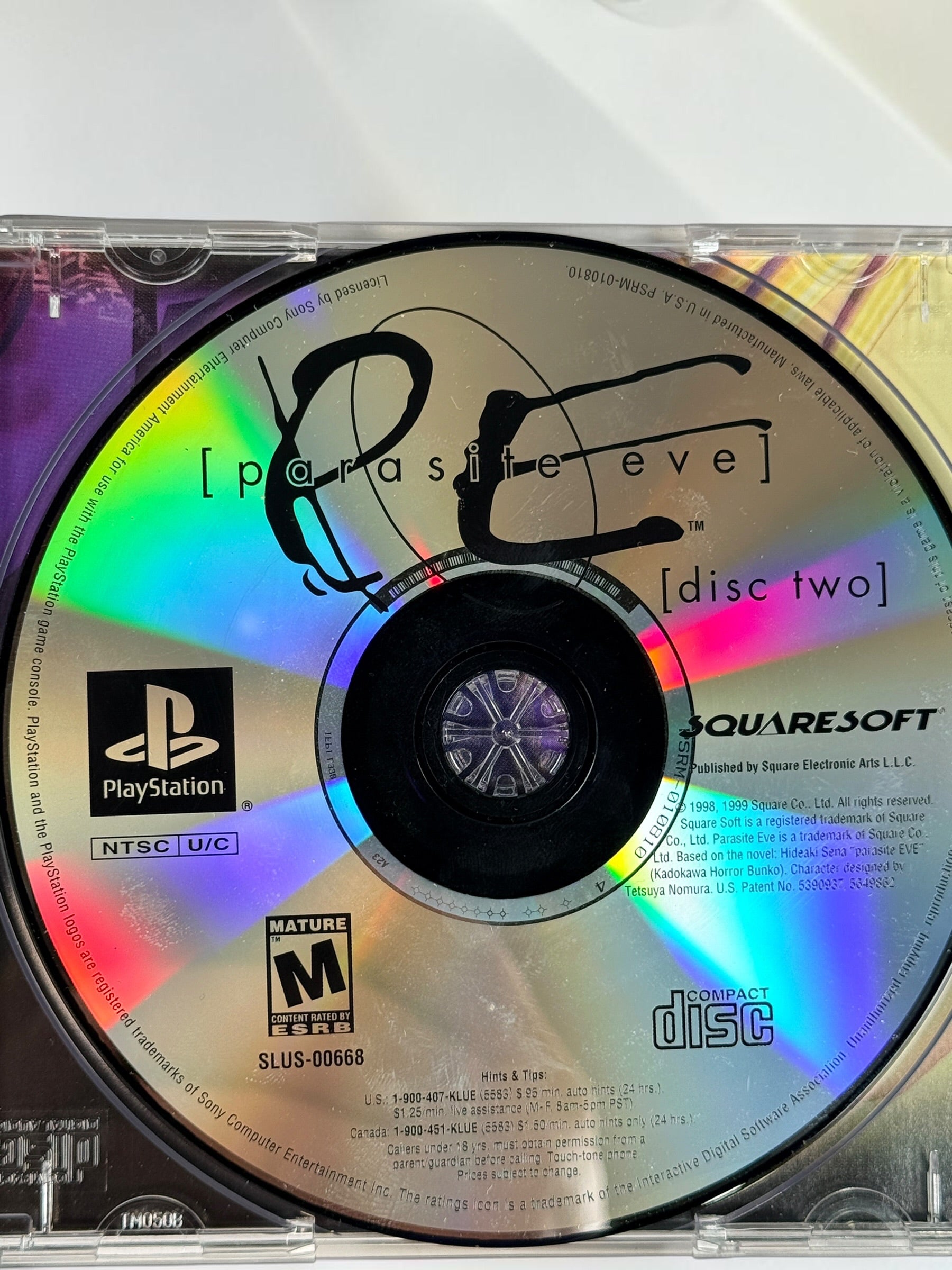 1999 Parasite Eve Greatest Hits for PS1 with both discs, manual and case. Classic Squaresoft survival-horror RPG. NTSC-U/C.