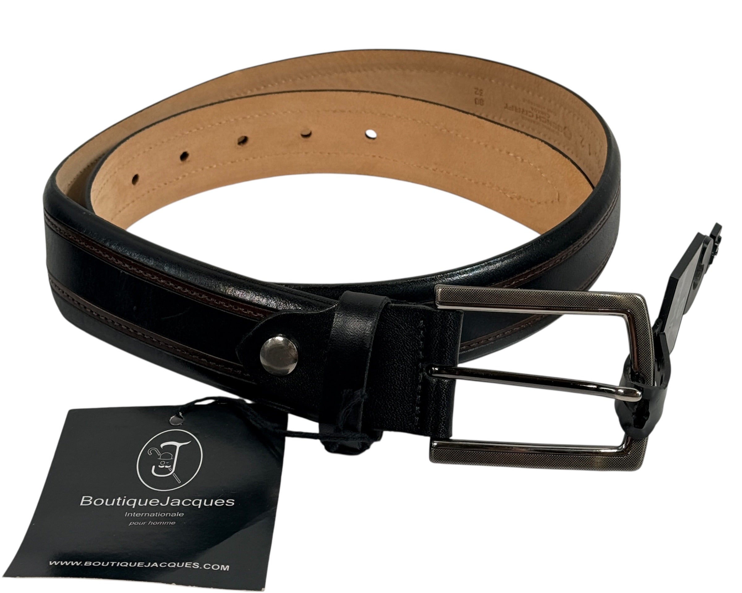 Bench Craft men’s leather belt size 32 in black with contrast stitching. New with tags, genuine leather, classic everyday style.