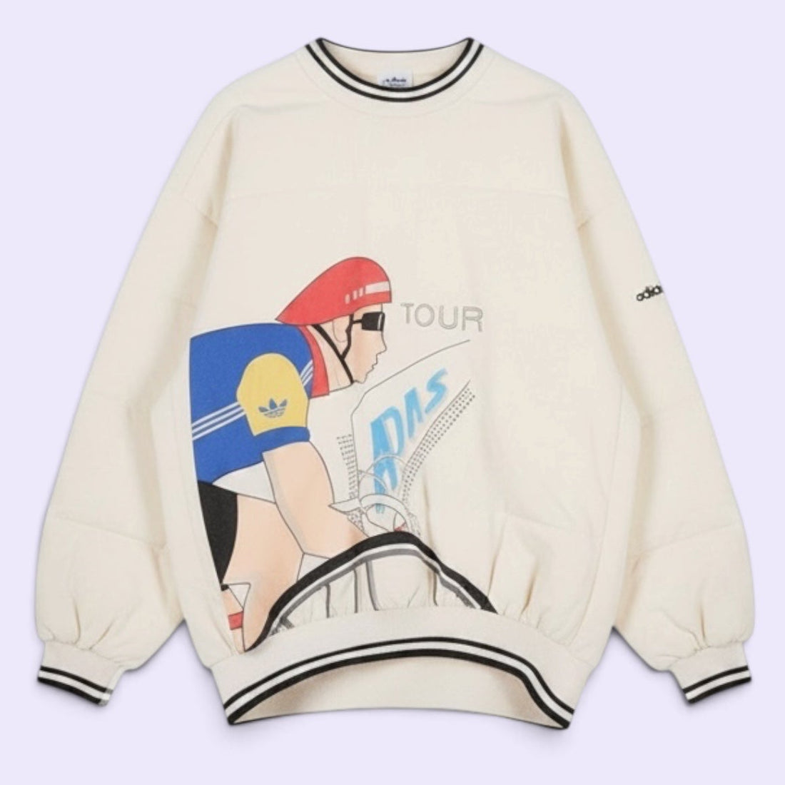 Vintage 80s Adidas cycling pullover in L/XL with bold cyclist graphics and CYCLING back print. 100% cotton. Vintage condition with visible stains.