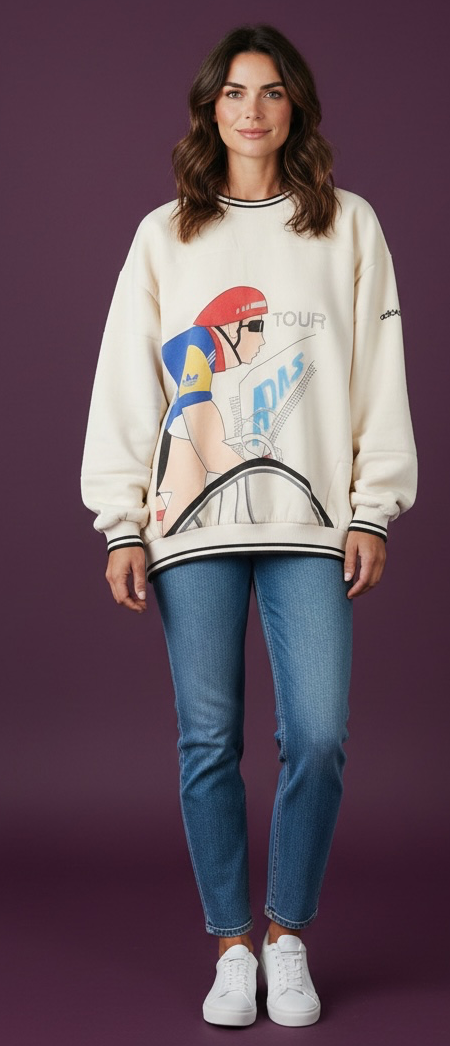 Vintage 80s Adidas cycling pullover in L/XL with bold cyclist graphics and CYCLING back print. 100% cotton. Vintage condition with visible stains.