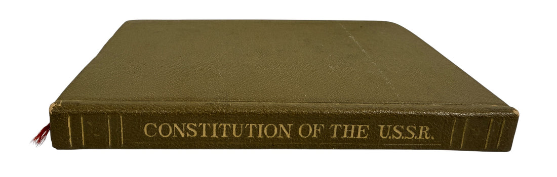 1938 English USSR Constitution pocket booklet printed by OGIZ. Stalin-era Soviet political publication with Lenin and Stalin portrait. Pre-WWII artifact.