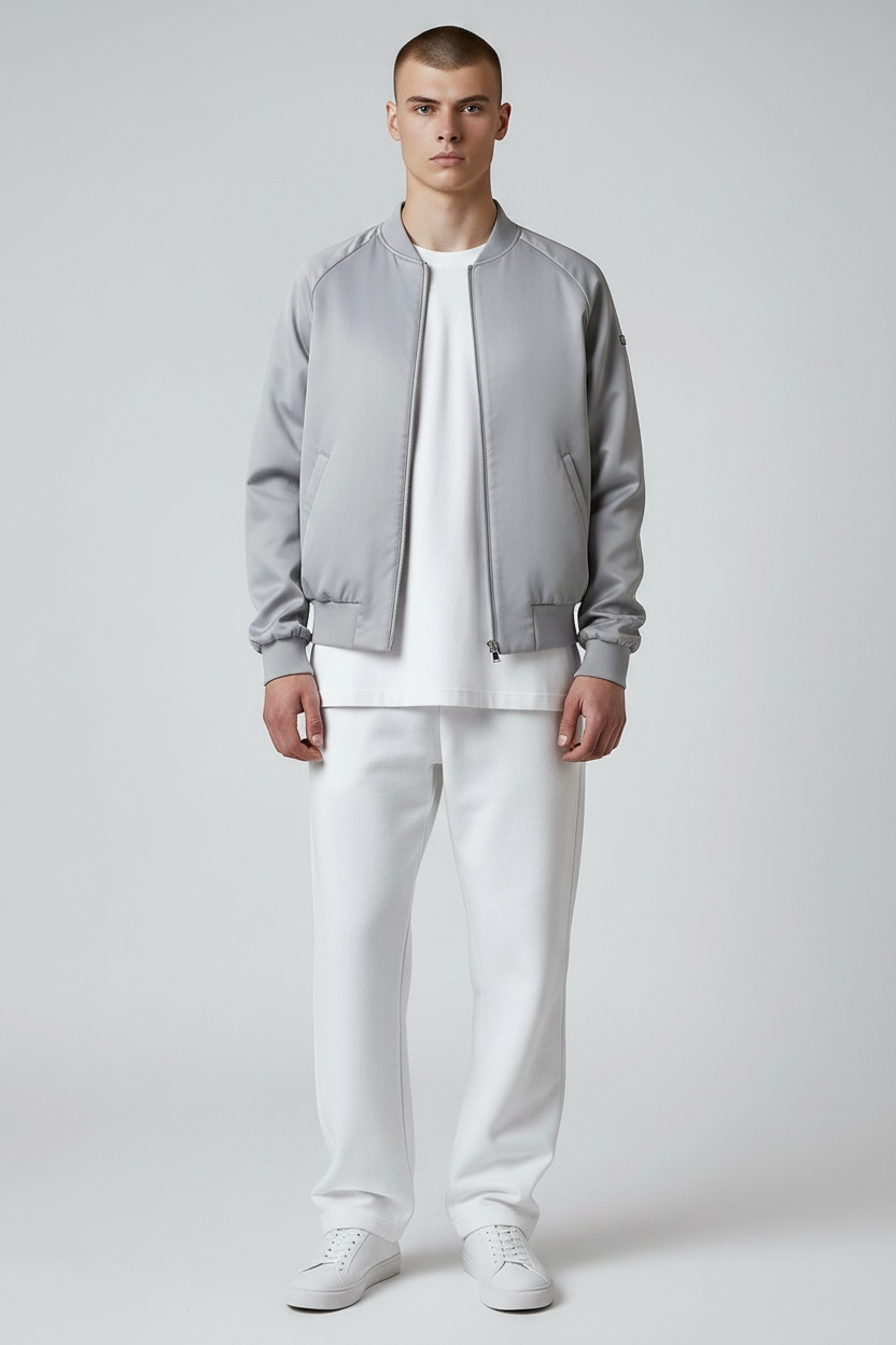 Shop the Marciano Limitless bomber jacket in silver-grey satin, size M. Original tags attached, zip pockets and ribbed trim. Minor marks disclosed.