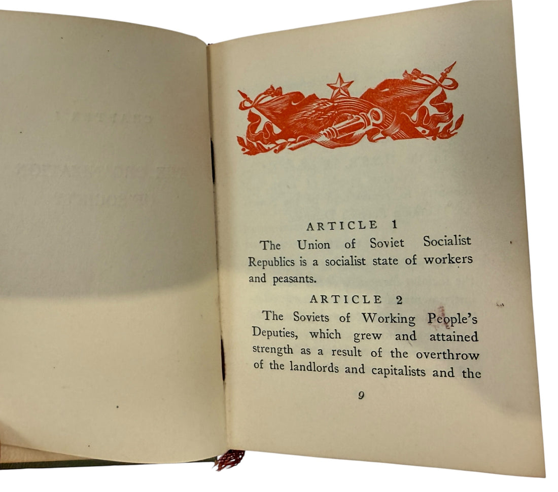 1938 English USSR Constitution pocket booklet printed by OGIZ. Stalin-era Soviet political publication with Lenin and Stalin portrait. Pre-WWII artifact.