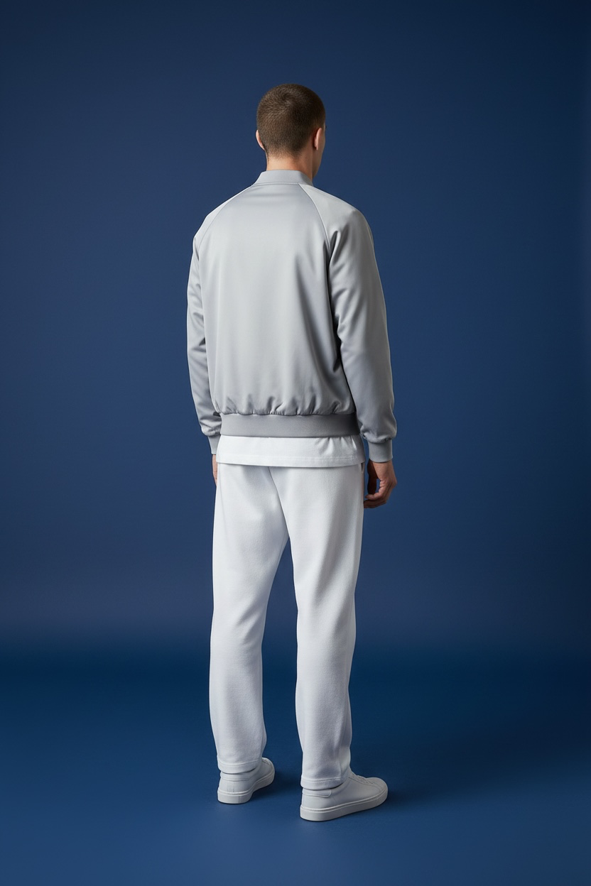 Shop the Marciano Limitless bomber jacket in silver-grey satin, size M. Original tags attached, zip pockets and ribbed trim. Minor marks disclosed.