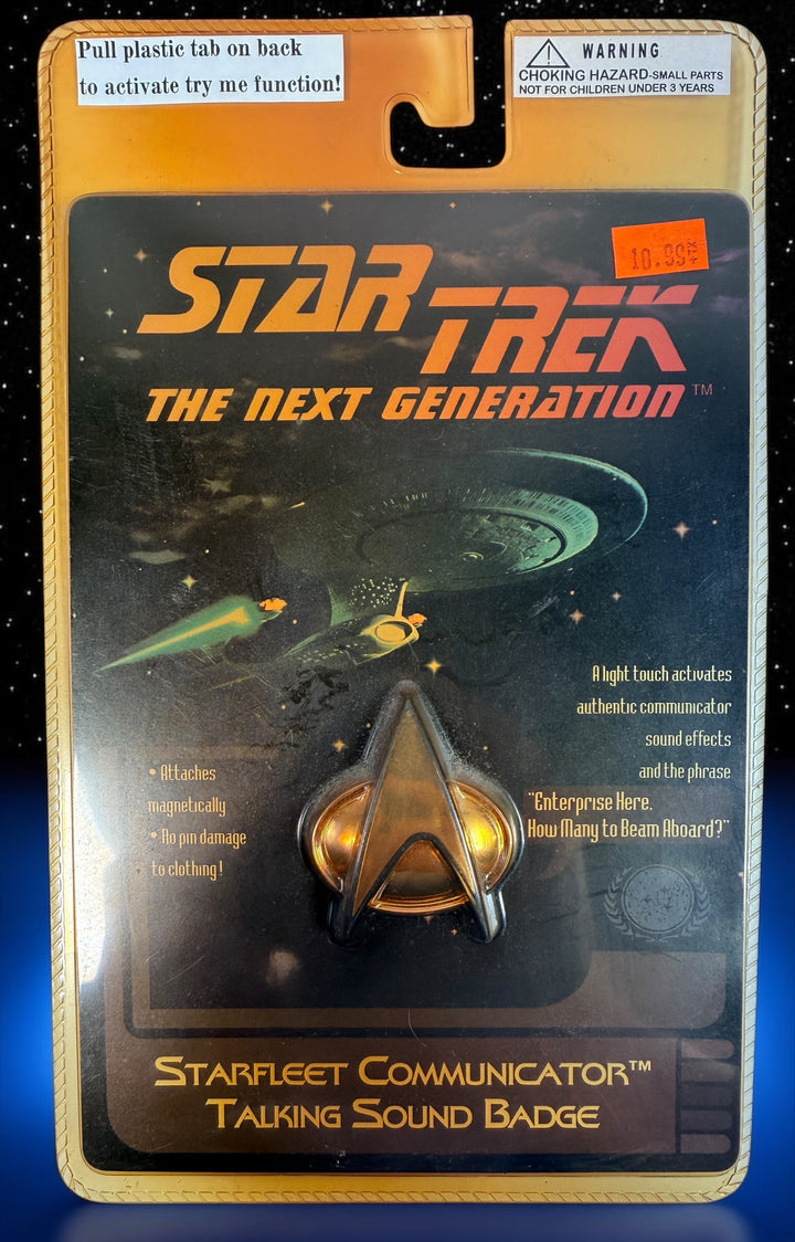 1996 Star Trek TNG Starfleet Communicator Talking Sound Badge, sealed in original packaging. Vintage Paramount-licensed Star Trek collectible.