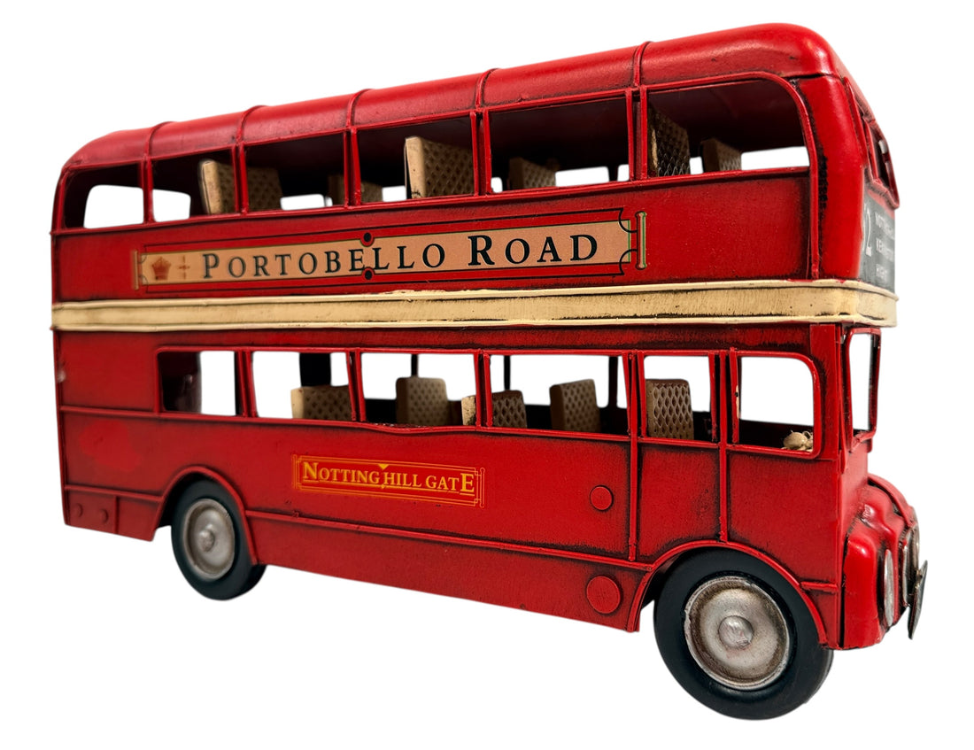 Vintage London double decker bus metal desk model Portobello Road Route 52 Routemaster style British travel décor collectible display bus.