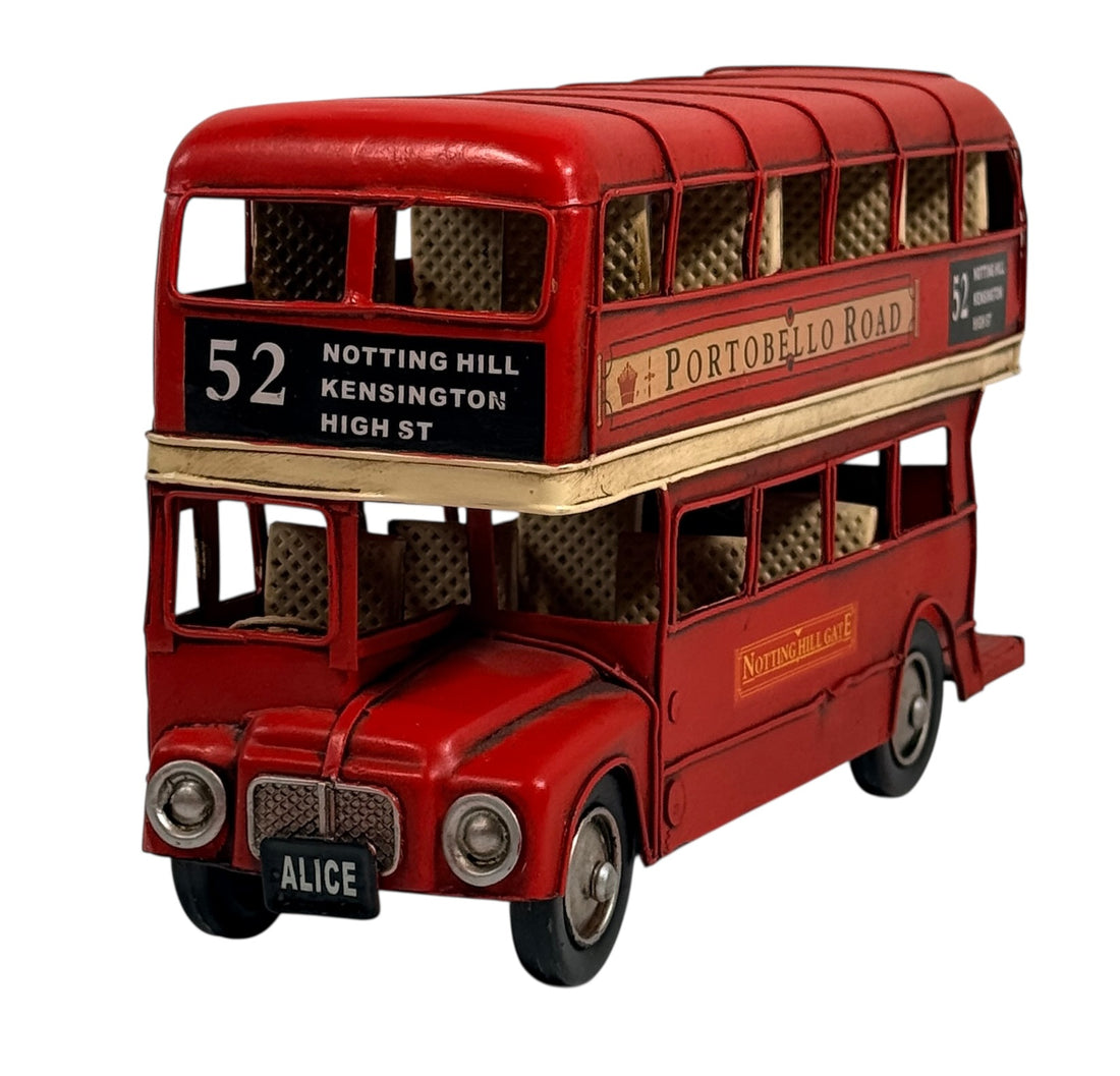 Vintage London double decker bus metal desk model Portobello Road Route 52 Routemaster style British travel décor collectible display bus.