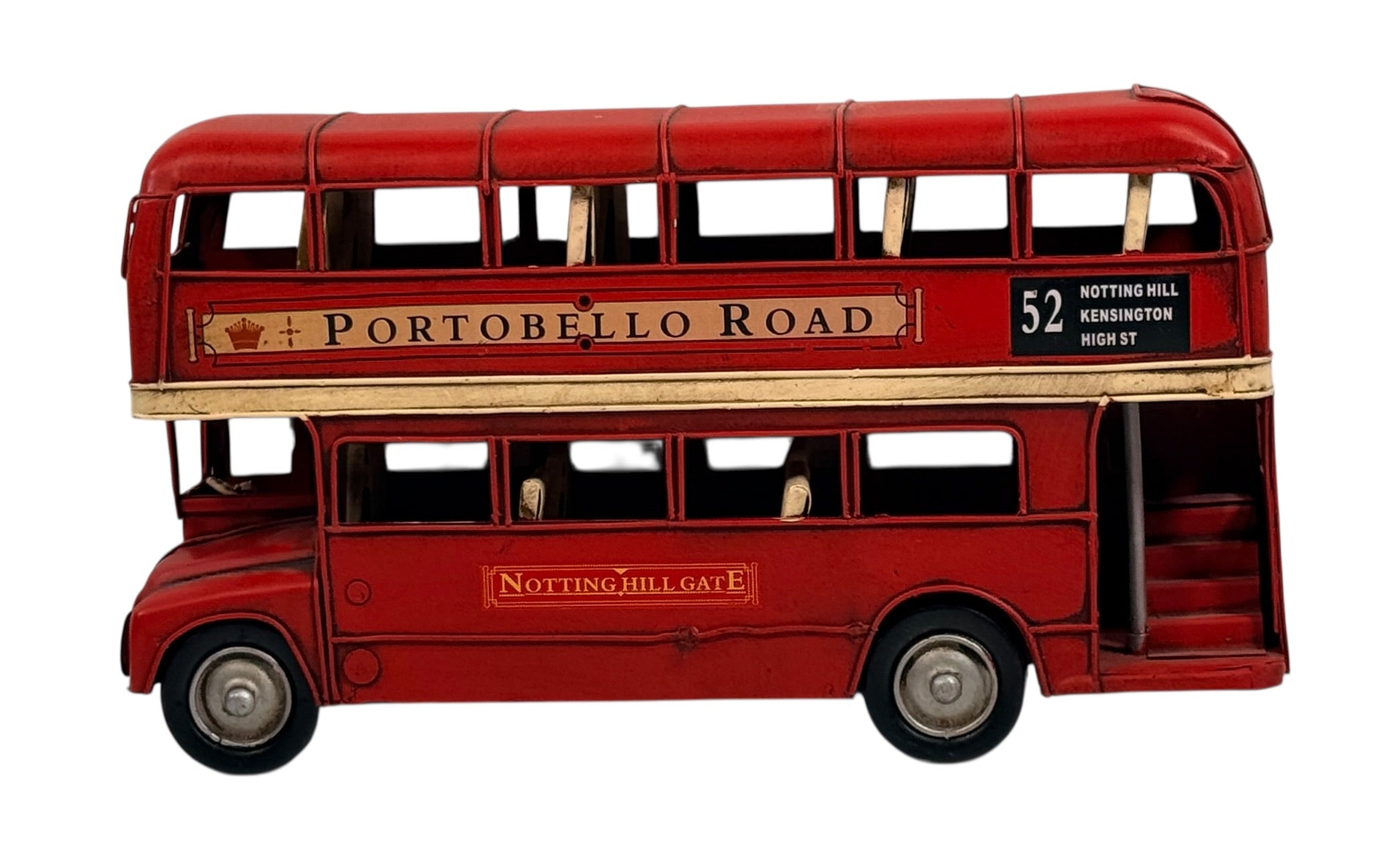Vintage London double decker bus metal desk model Portobello Road Route 52 Routemaster style British travel décor collectible display bus.