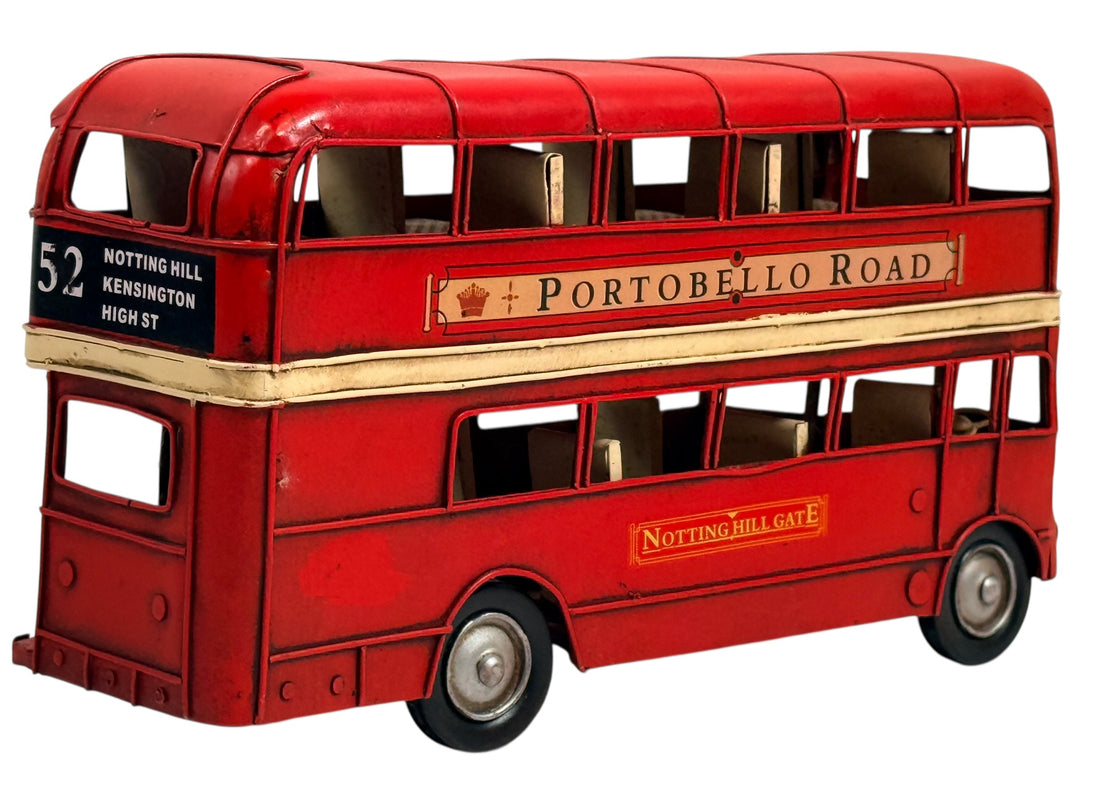 Vintage London double decker bus metal desk model Portobello Road Route 52 Routemaster style British travel décor collectible display bus.