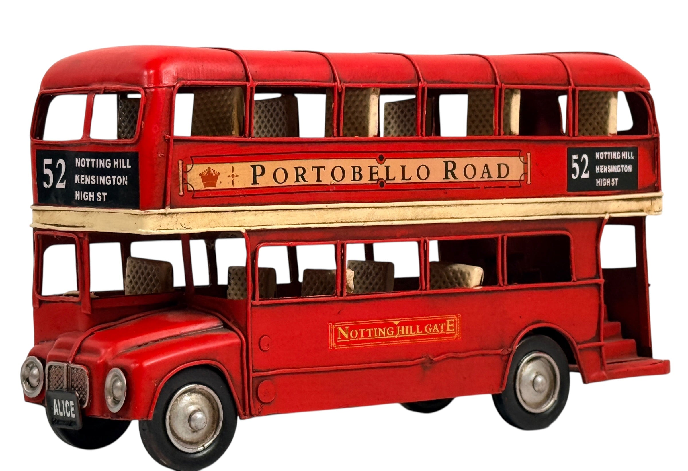Vintage London double decker bus metal desk model Portobello Road Route 52 Routemaster style British travel décor collectible display bus.