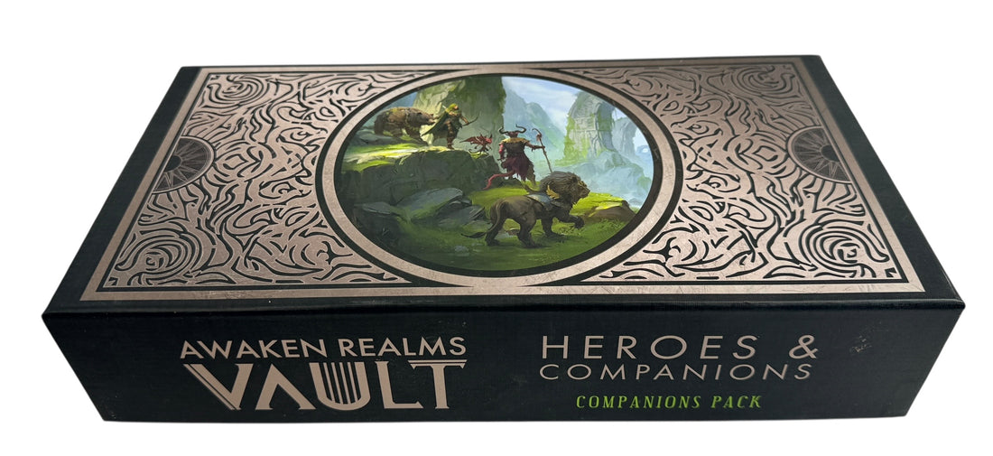 Awaken Realms Heroes and Companions bronze miniature vault set. Premium resin tabletop upgrade miniatures for collectors, RPG display, and board game enthusiasts.