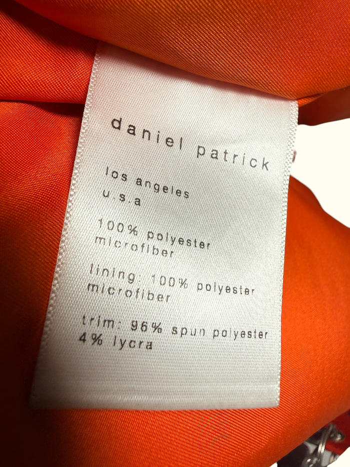 Daniel Patrick Los Angeles oversized black bomber jacket, size L, with orange lining, red embroidered sleeve logo and branded zipper pulls.