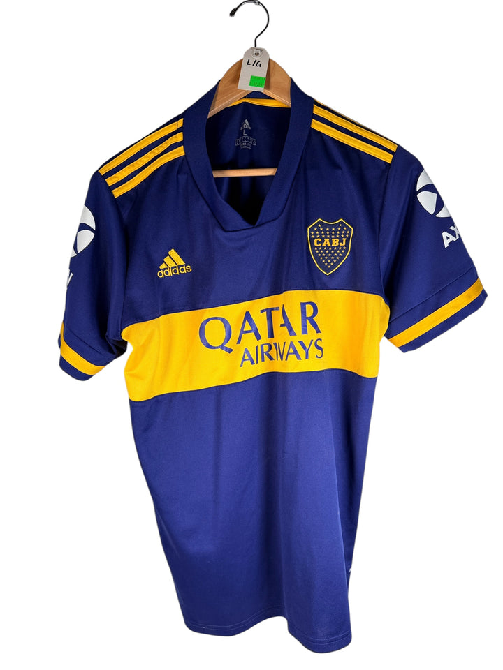 2020/21 adidas Boca Juniors home jersey size L with Qatar Airways sponsor, CABJ crest, AXION sleeves and classic blue and yellow colours.