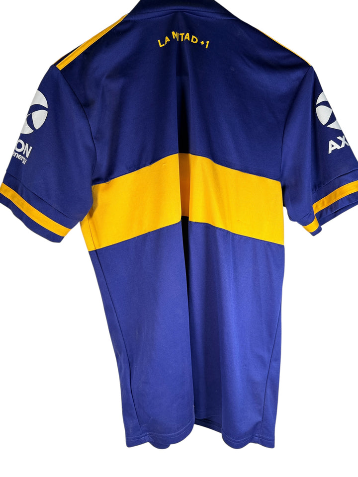 2020/21 adidas Boca Juniors home jersey size L with Qatar Airways sponsor, CABJ crest, AXION sleeves and classic blue and yellow colours.
