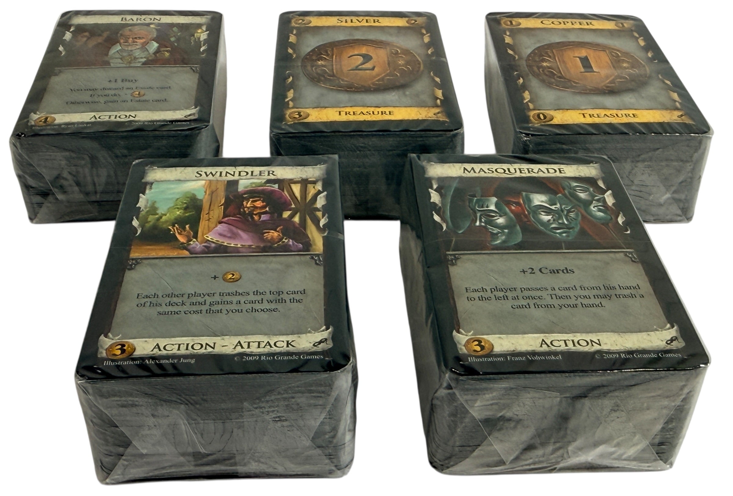 Early 2009 first edition Dominion Intrigue board game expansion. Partial sealed with original box. Classic deck-building strategy by Donald X. Vaccarino.