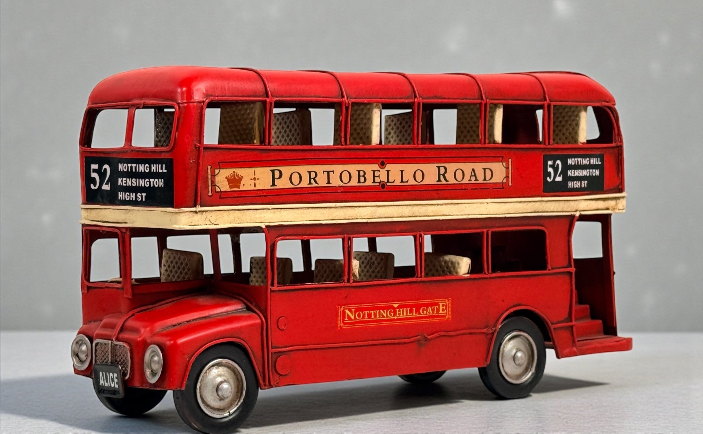 Vintage London double decker bus metal desk model Portobello Road Route 52 Routemaster style British travel décor collectible display bus.