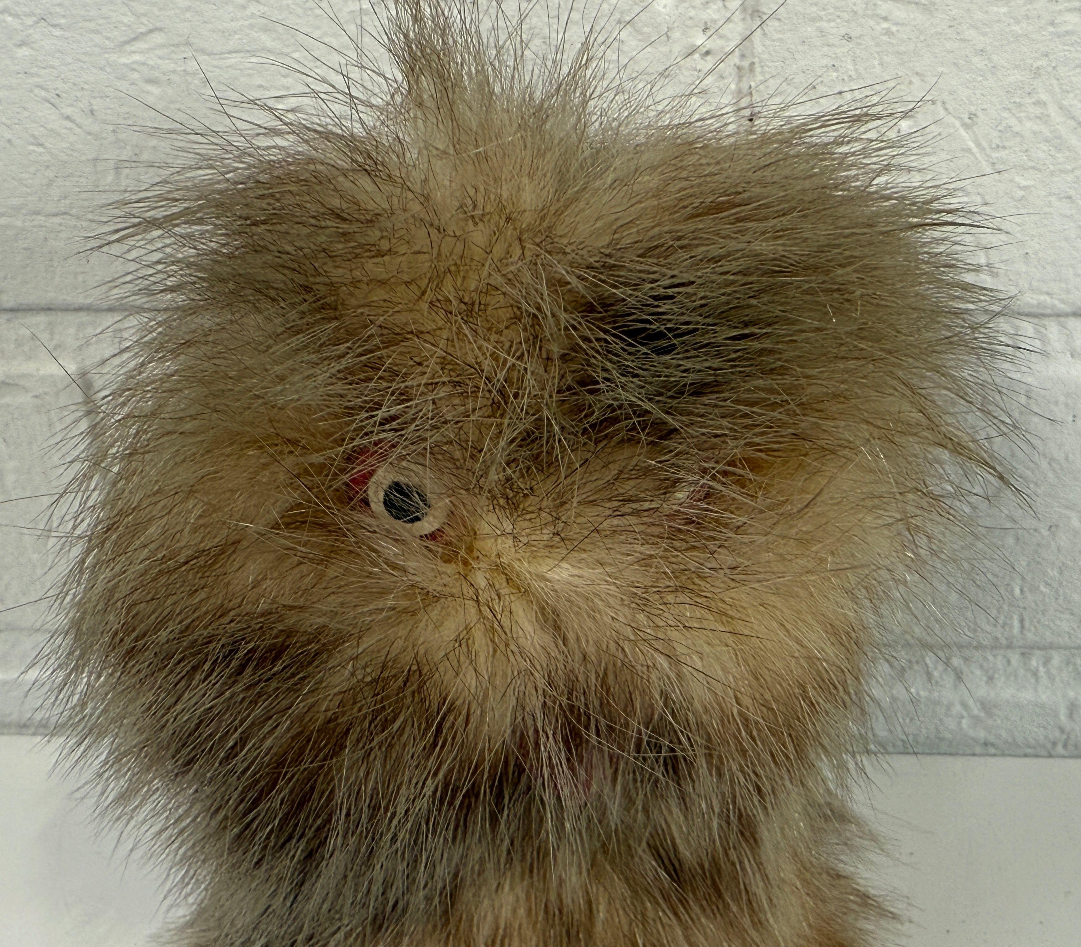 Mid-Century Fur Owl Figurine – Red Felt Feet, Cabin Decor