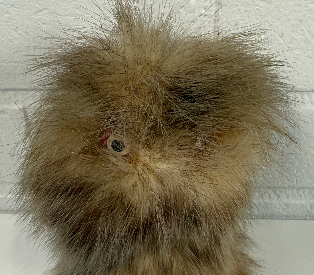 Mid-Century Fur Owl Figurine – Red Felt Feet, Cabin Decor