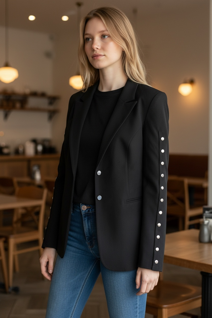 GUESS Tasha black longline blazer, women’s size M, with silver studded sleeves and original tags. Stylish NWT statement jacket.
