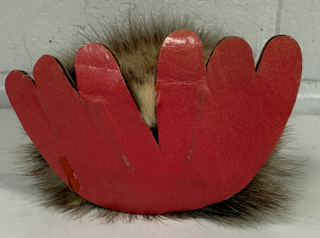 Mid-Century Fur Owl Figurine – Red Felt Feet, Cabin Decor
