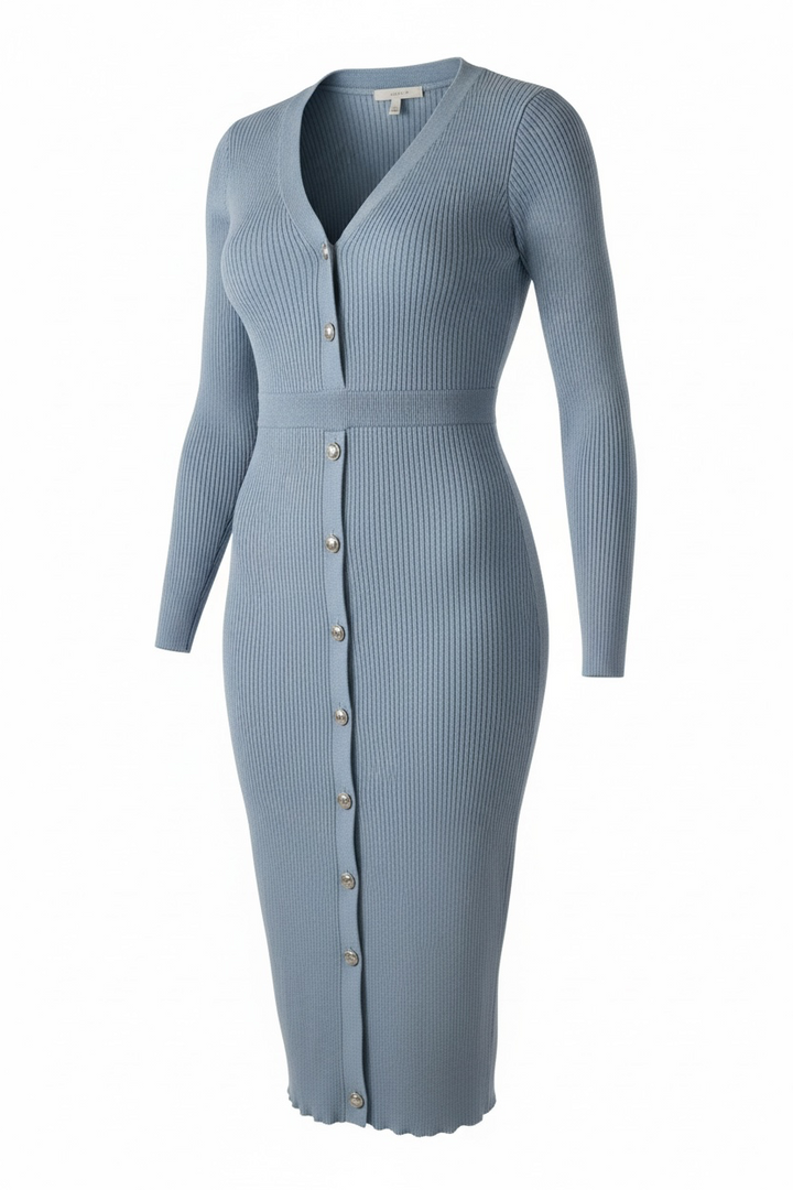 GUESS Alexandra ribbed sweater dress in Sky Dusk blue, size M. NWT with V-neck, long sleeves and button-front detail. Style W2BK39 Z2V42.