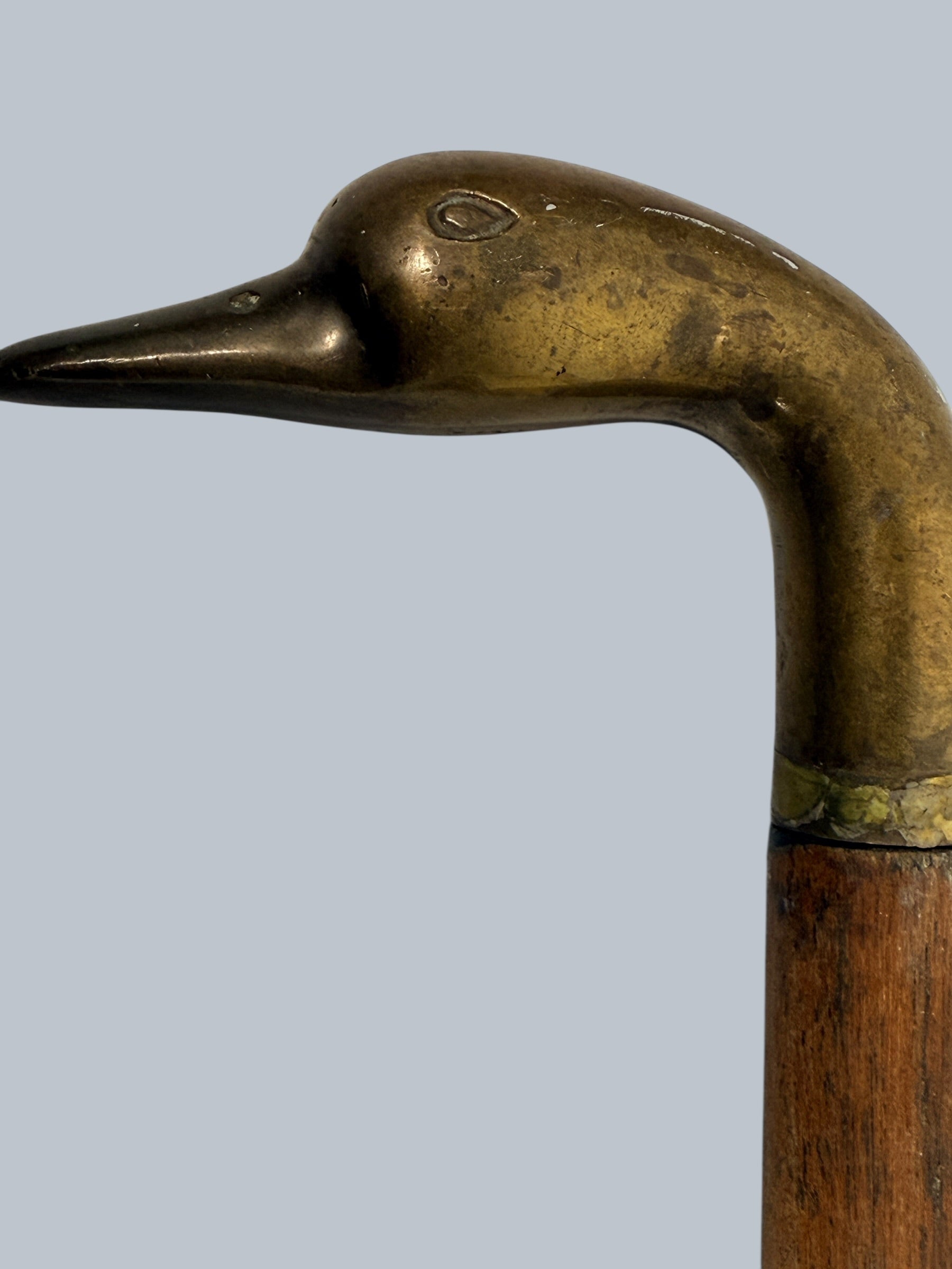Vintage brass duck head walking cane with 3-piece wooden shaft. Collapsible travel design, aged patina, and classic gentleman’s style.