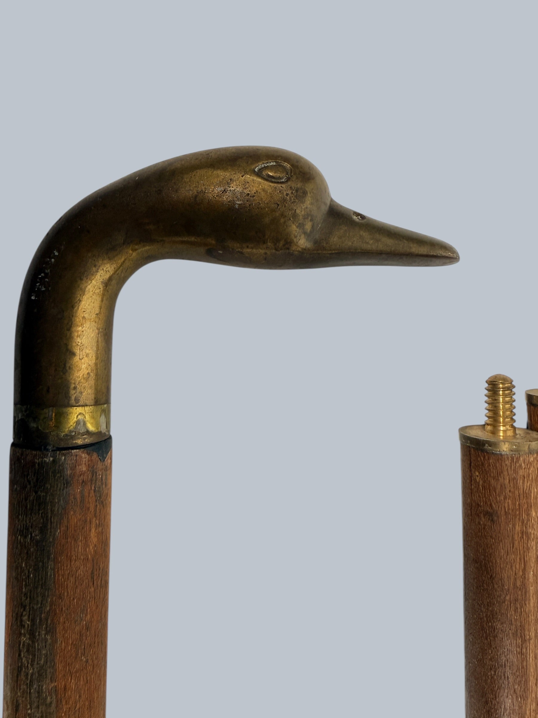 Vintage brass duck head walking cane with 3-piece wooden shaft. Collapsible travel design, aged patina, and classic gentleman’s style.