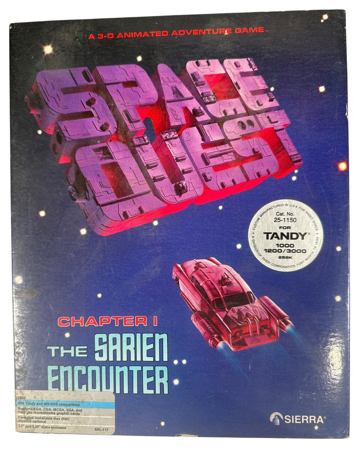 Vintage Sierra Space Quest PC big box game for Tandy computers. Complete retro DOS adventure with disks, manual and inserts. Strong collectible classic software.